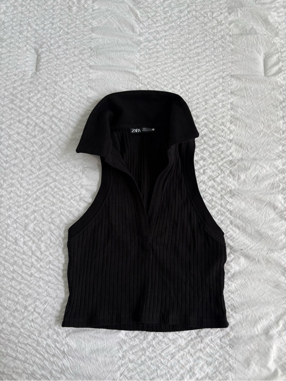 Zara Black Ribbed Collared Sleeveless Tank
